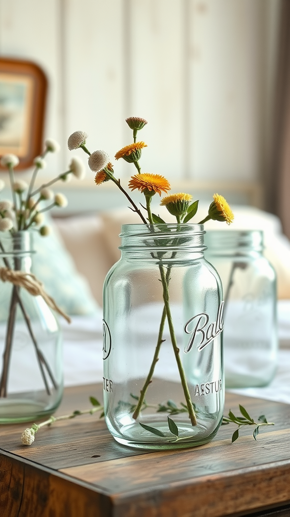 Mason jars with flowers on a wooden table in a bedroom setting.