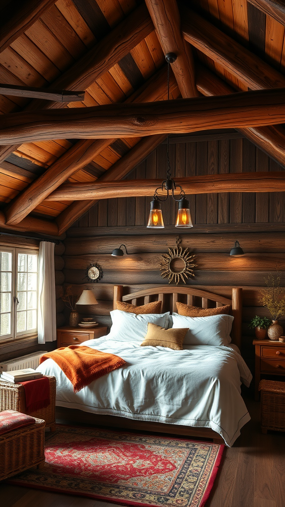 A rustic bedroom featuring wooden beams, a cozy bed with chocolate brown accents, and warm lighting.