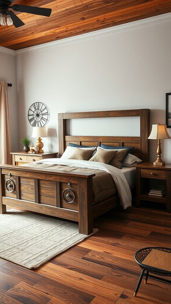 A rustic bedroom featuring chocolate brown wood furniture, including a bed frame, nightstands, and a warm area rug.