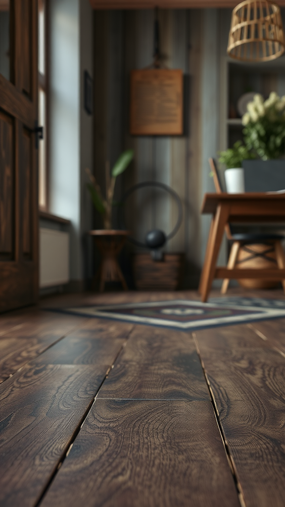 A cozy interior with dark wooden flooring, a patterned rug, and rustic furniture.