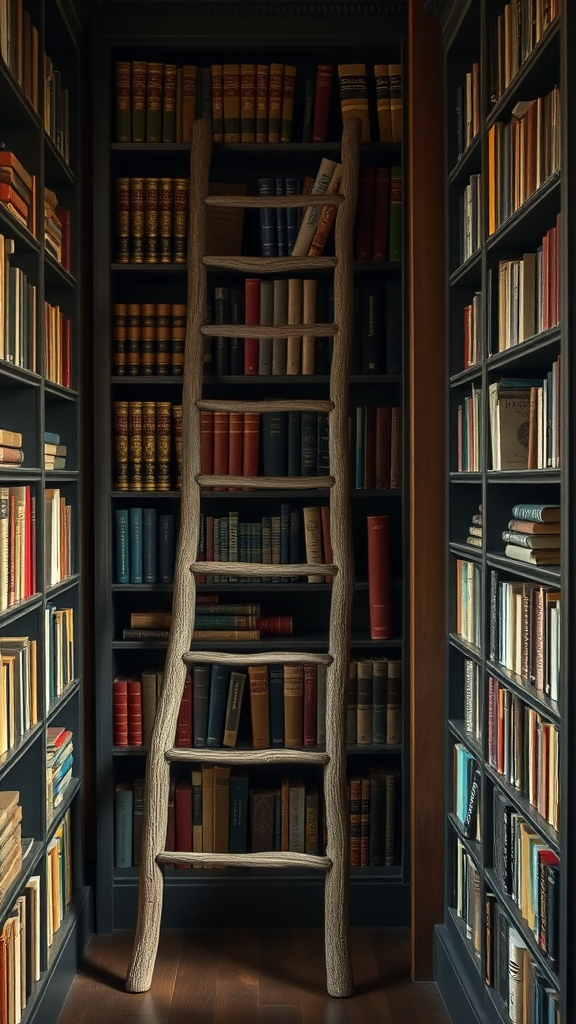 A rustic wooden ladder leaning against a tall bookshelf filled with various books in a dark cottagecore bedroom library.