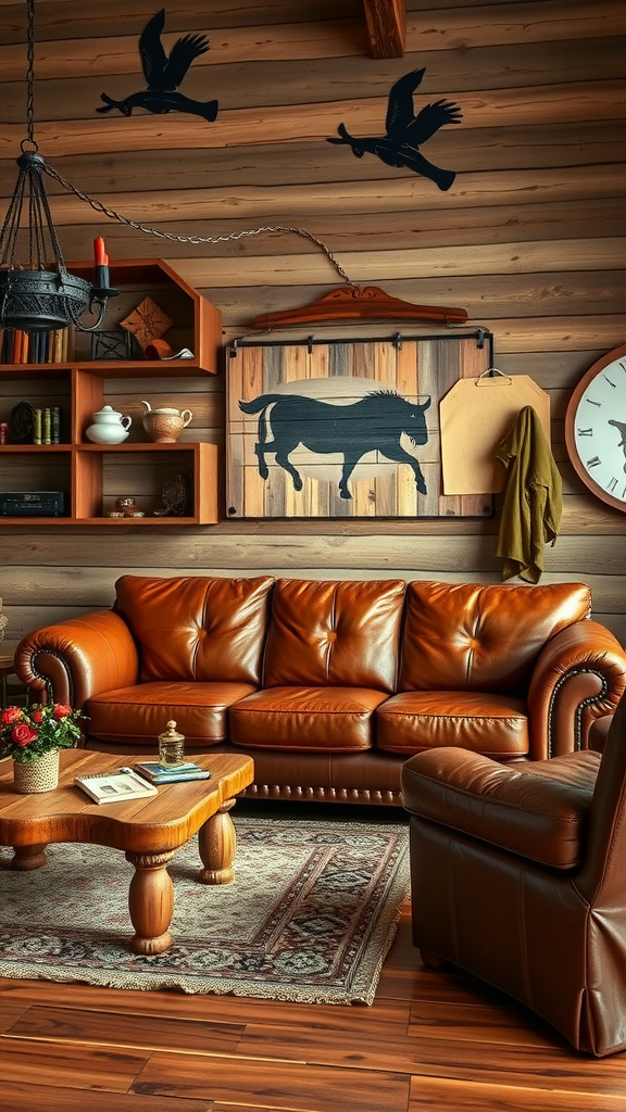 A rustic living room featuring cozy leather sofas, wooden accents, and decorative elements.