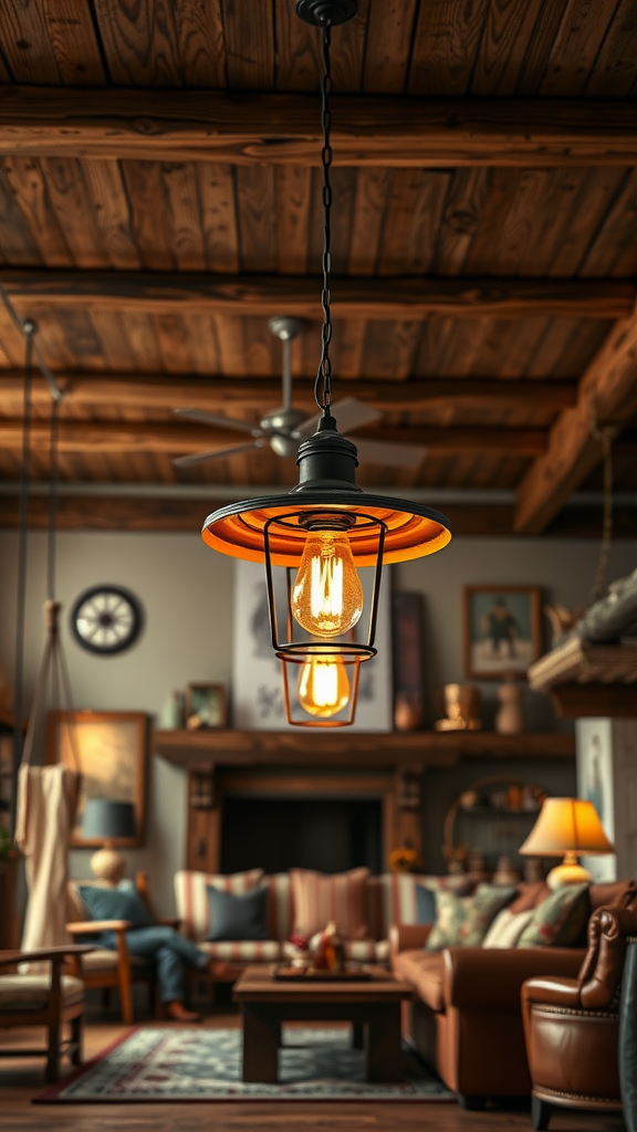 A rustic lighting fixture in a cowboy themed living room, featuring a warm glow and wooden ceiling.