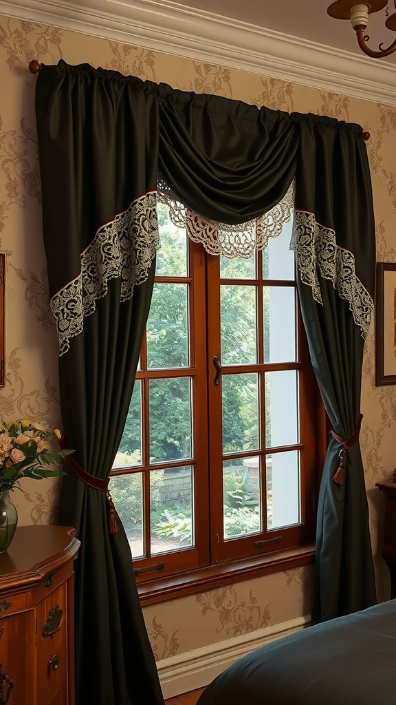 Elegant dark curtains with lace detail framing a window in a rustic bedroom setting
