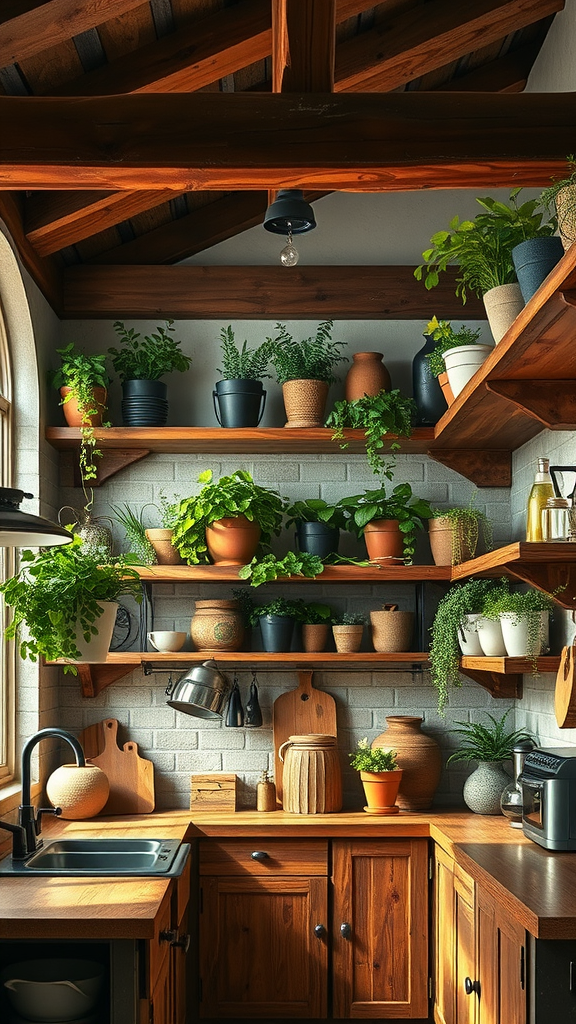 A rustic kitchen with wooden cabinets and shelves filled with plants.