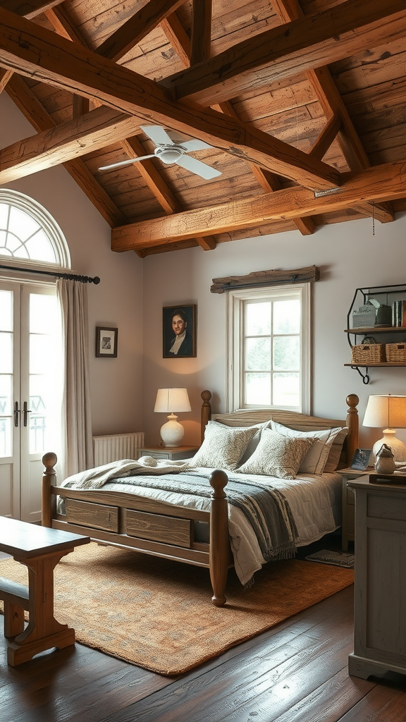 A cozy bedroom with rustic wooden beams, featuring a bed, a rug, and warm lighting.