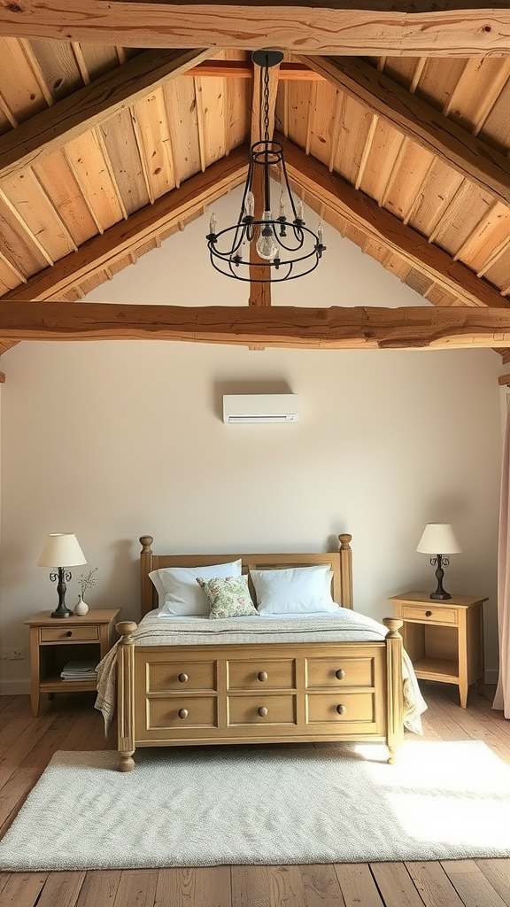 A cozy bedroom featuring rustic wooden beams, a wooden bed, bedside tables, and a chandelier.