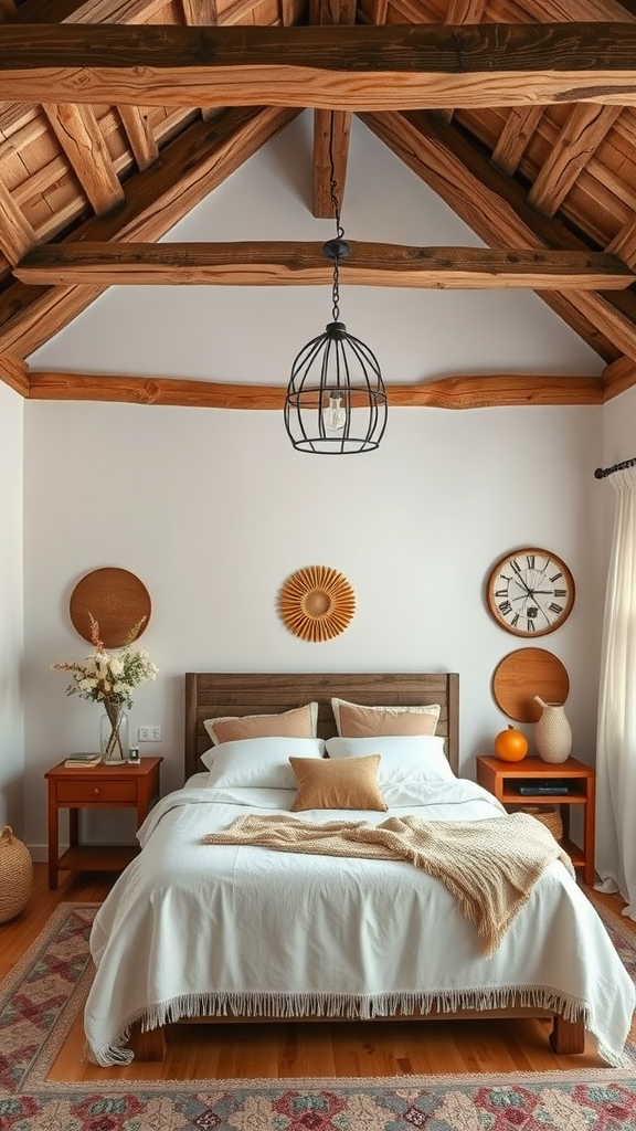 A cozy bedroom with rustic wooden beams and soft decor