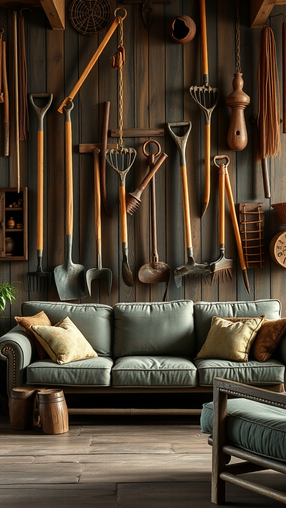 A cozy cowboy living room with rusty farm tools displayed on the wall and a comfortable couch.