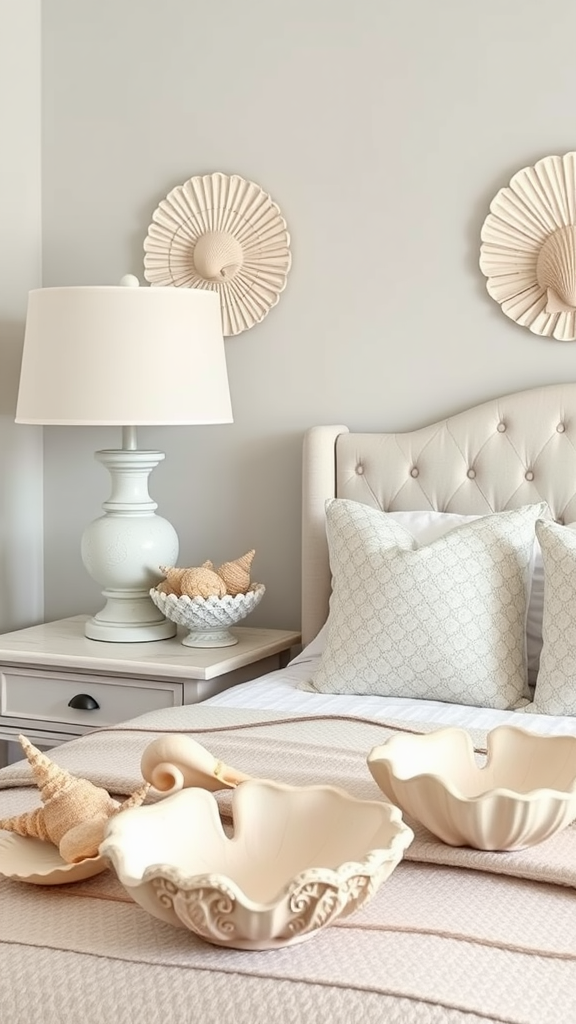 A cozy bedroom with seashell-inspired accessories, featuring decorative bowls and wall decor.
