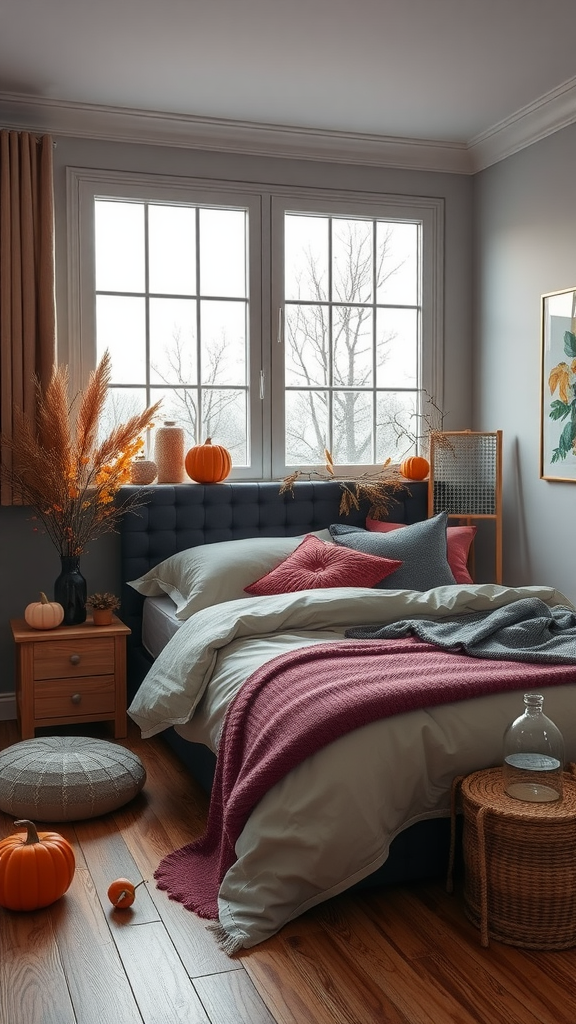 A cozy bedroom decorated for fall with pumpkins, warm textiles, and dried plants.