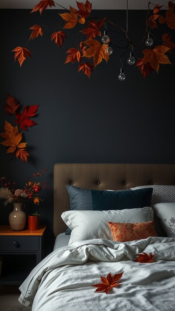 A dark cottagecore bedroom with fall leaves decor
