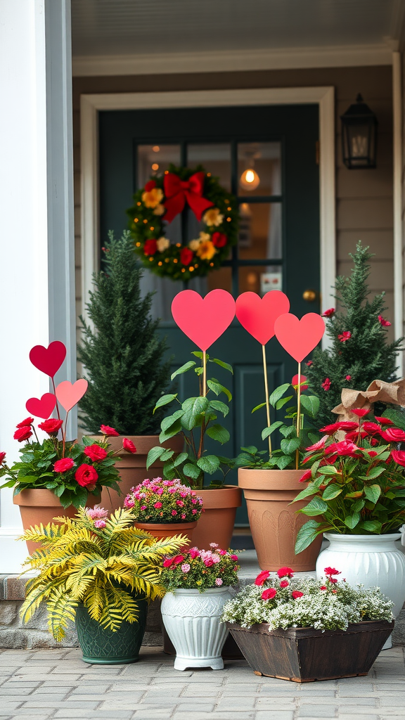 Valentine's Day themed porch with potted plants and heart decorations