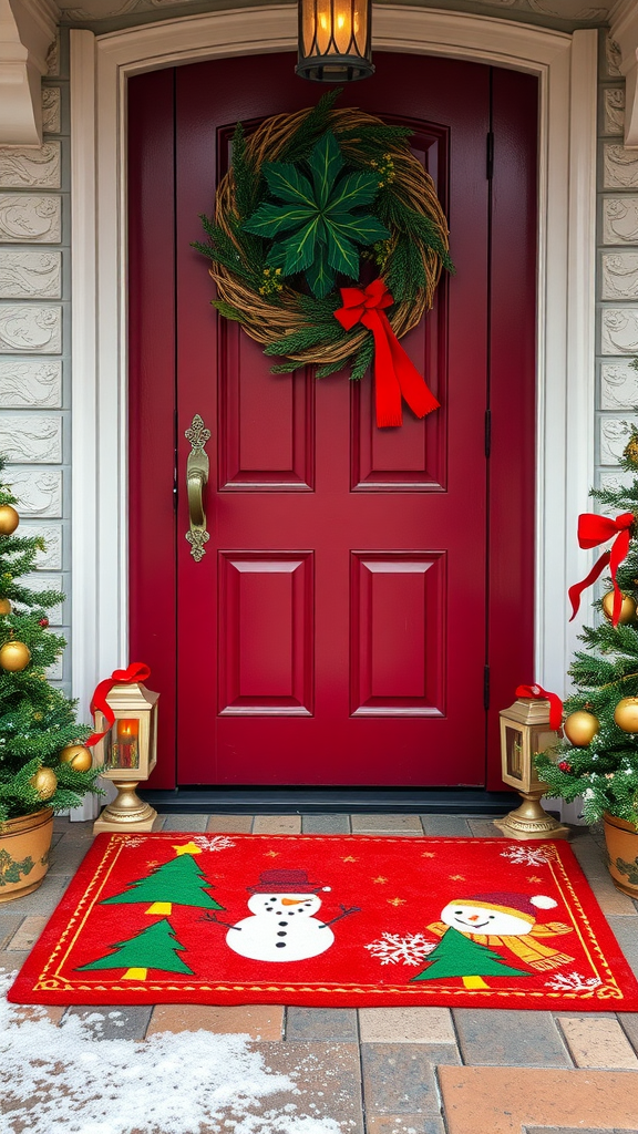 A festive red welcome mat with a snowman and Christmas trees on a porch with a red door and holiday decorations.