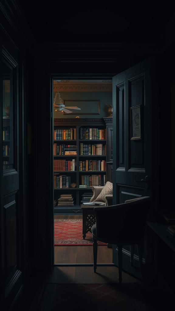 A doorway leading to a dark cottagecore bedroom library with bookshelves filled with books and a cozy chair.