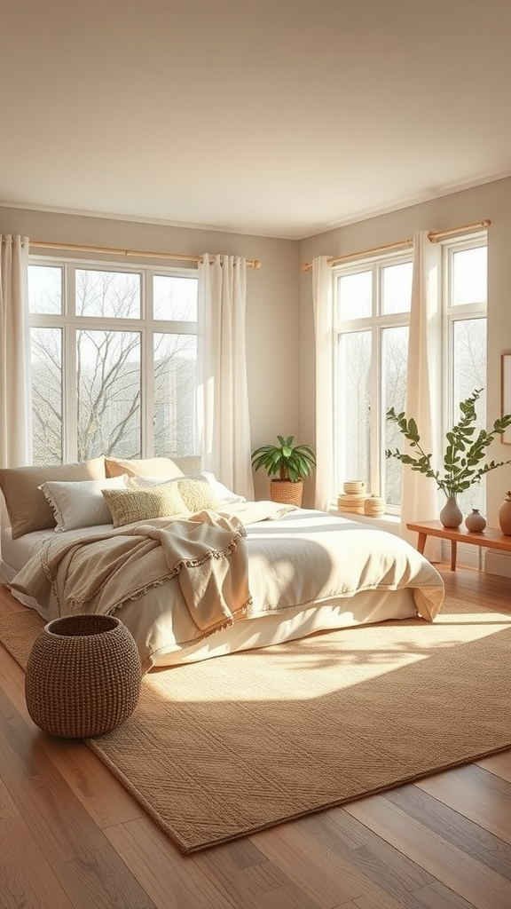 A cozy beige bedroom filled with natural light, featuring large windows, a beautifully made bed, and potted plants.