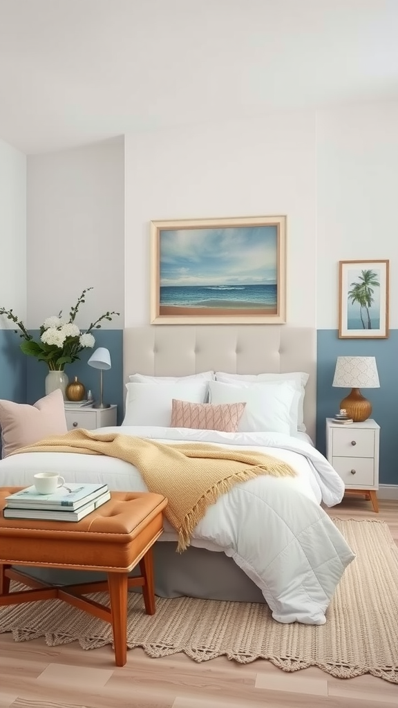 Coastal themed bedroom with color blocking technique, featuring soft whites and muted blues.