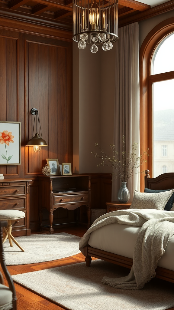 A cozy cherry wood bedroom with warm lighting and soft decor