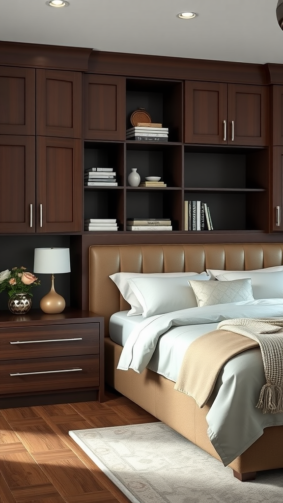 A modern bedroom featuring chocolate brown cabinets, a comfortable bed with light bedding, and a stylish nightstand.