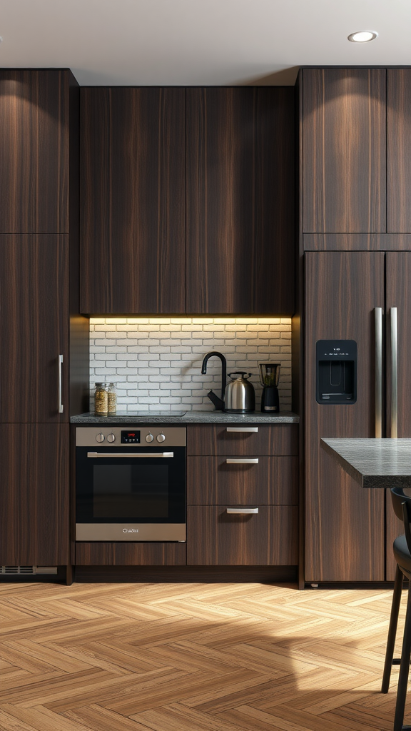 A sleek dark wood kitchen with modern appliances and a warm atmosphere.