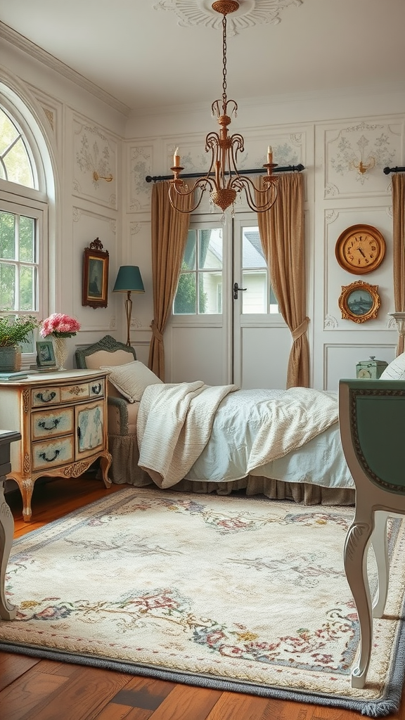 A cozy shabby chic bedroom featuring a soft area rug with floral patterns, a chandelier, and vintage furniture.