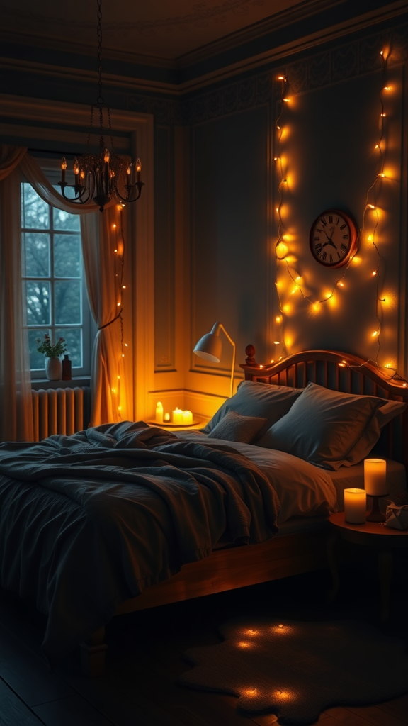A dark cottagecore bedroom featuring warm fairy lights, candles, and cozy bedding.
