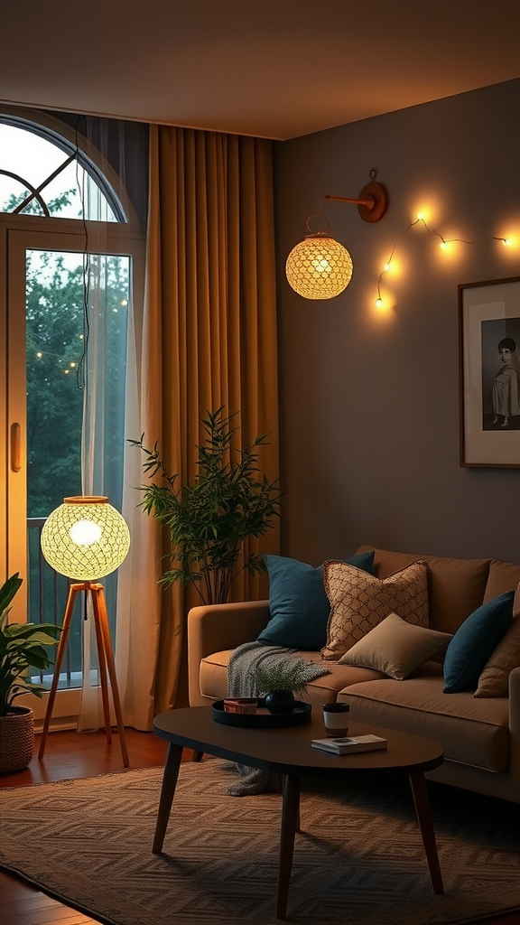 Cozy living room with soft lighting fixtures, a woven standing lamp, and warm wall lights.