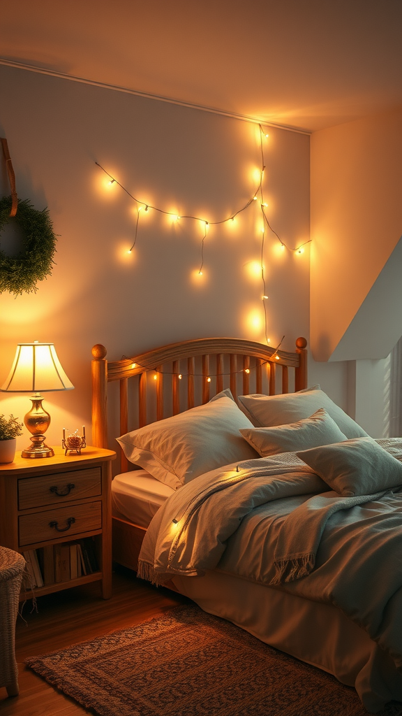 A dark cozy bedroom with soft lighting fixtures, featuring string lights and a bedside lamp.
