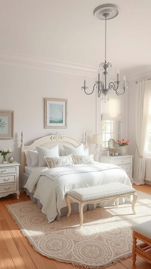 Cozy bedroom with soft neutral colors featuring a white bed, light wood accents, and a chandelier.