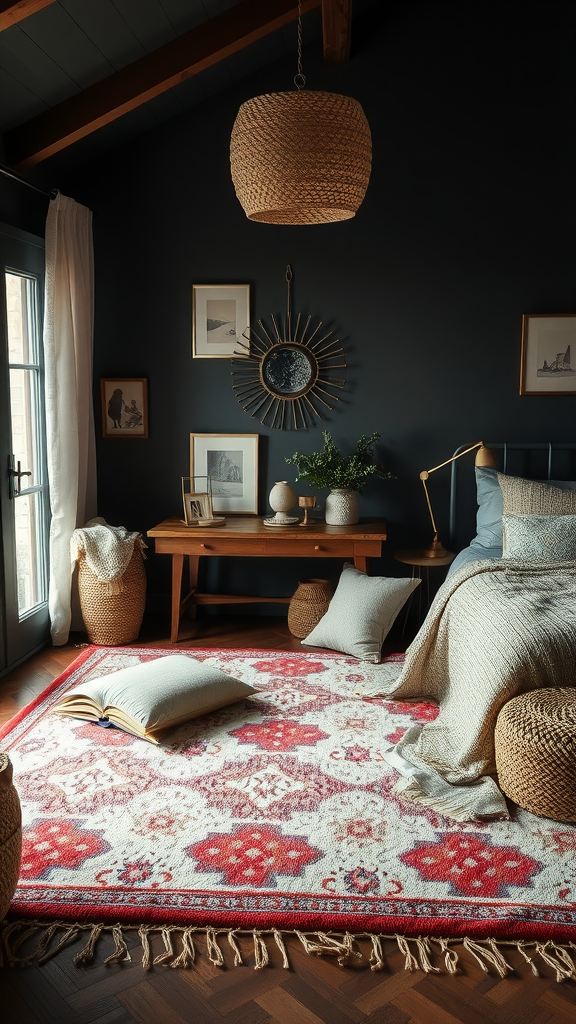 Cozy dark cottagecore bedroom library with layered rugs and soft textiles