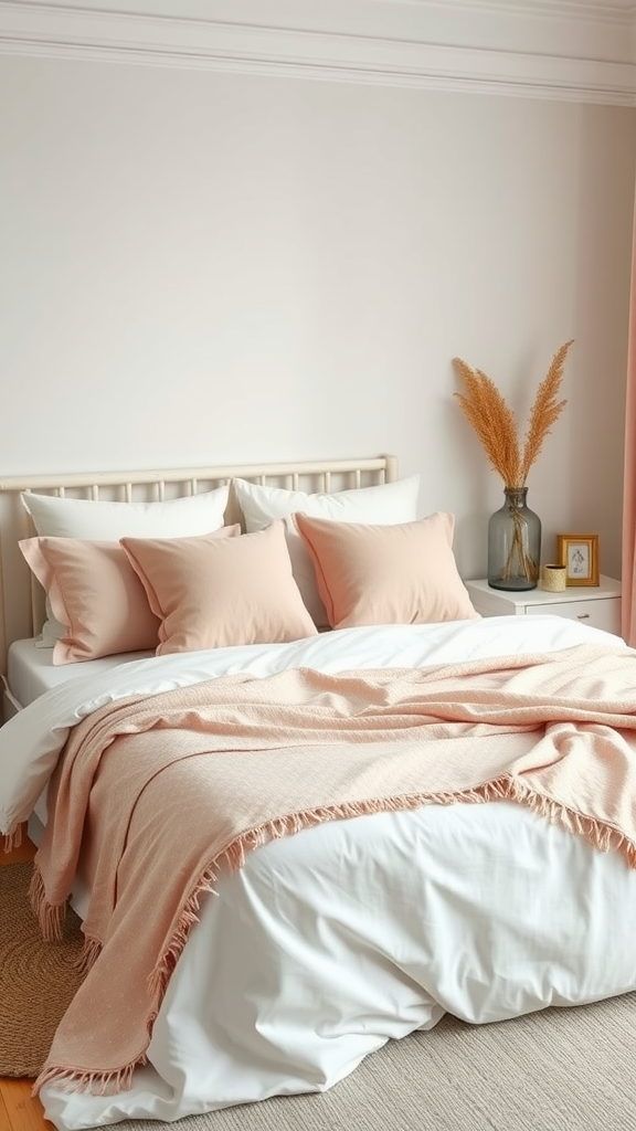 A cozy bedroom featuring a bed with dusty pink accents, white bedding, and a vase with dried flowers