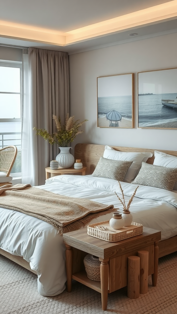 Cozy coastal bedroom with natural decor and soft lighting