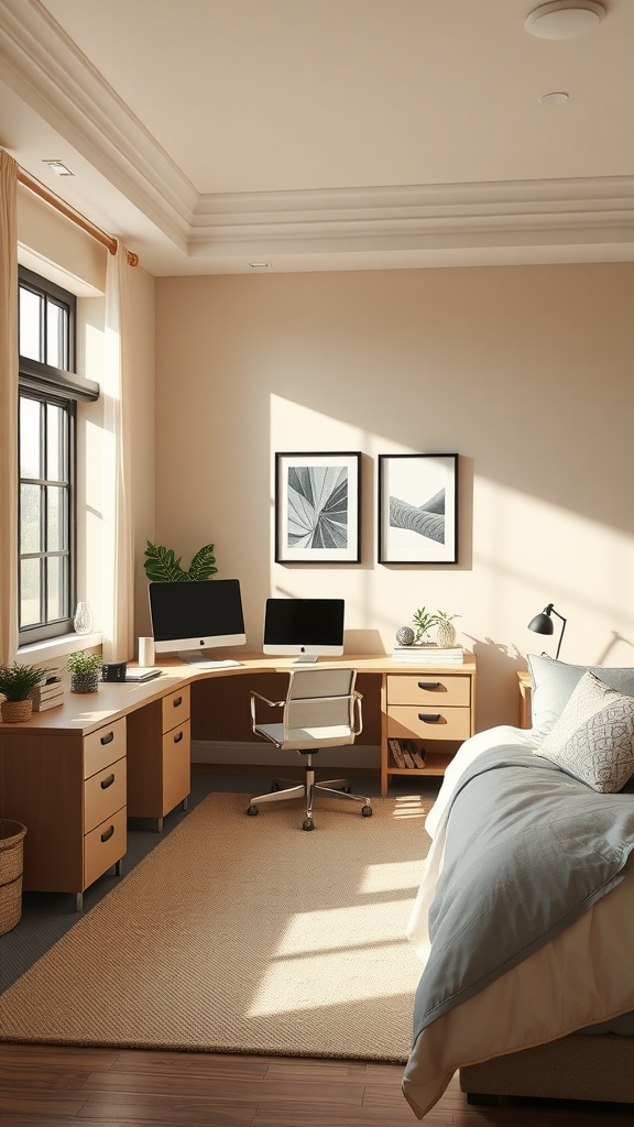 A sophisticated beige home office featuring a desk with two computers, potted plants, and a cozy bed.