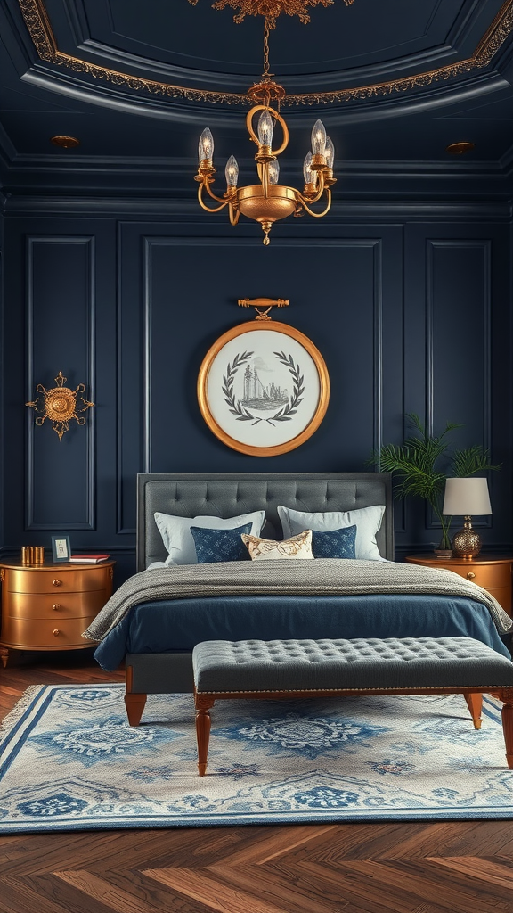 A classy bedroom with navy walls, gold accents, and a plush bed