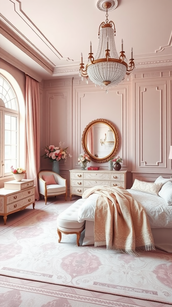 A sophisticated master suite featuring dusty pink walls, a chandelier, vintage furniture, and floral decorations.