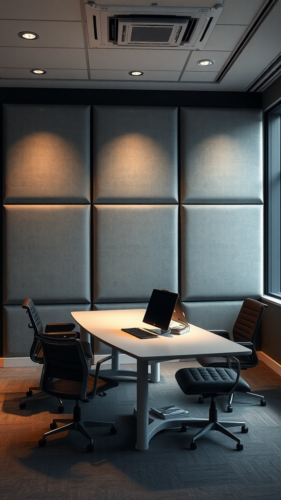 A modern office with padded walls, a white desk, and ergonomic chairs, emphasizing soundproofing design. Moody Office Ideas