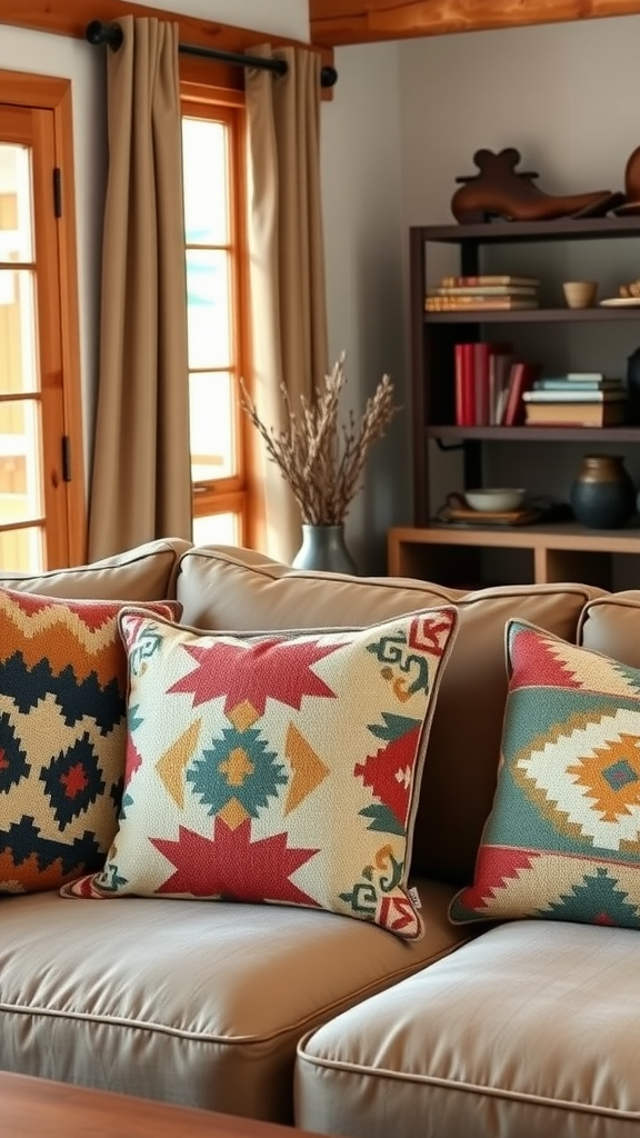 Southwestern throw pillows on a couch in a cozy living room