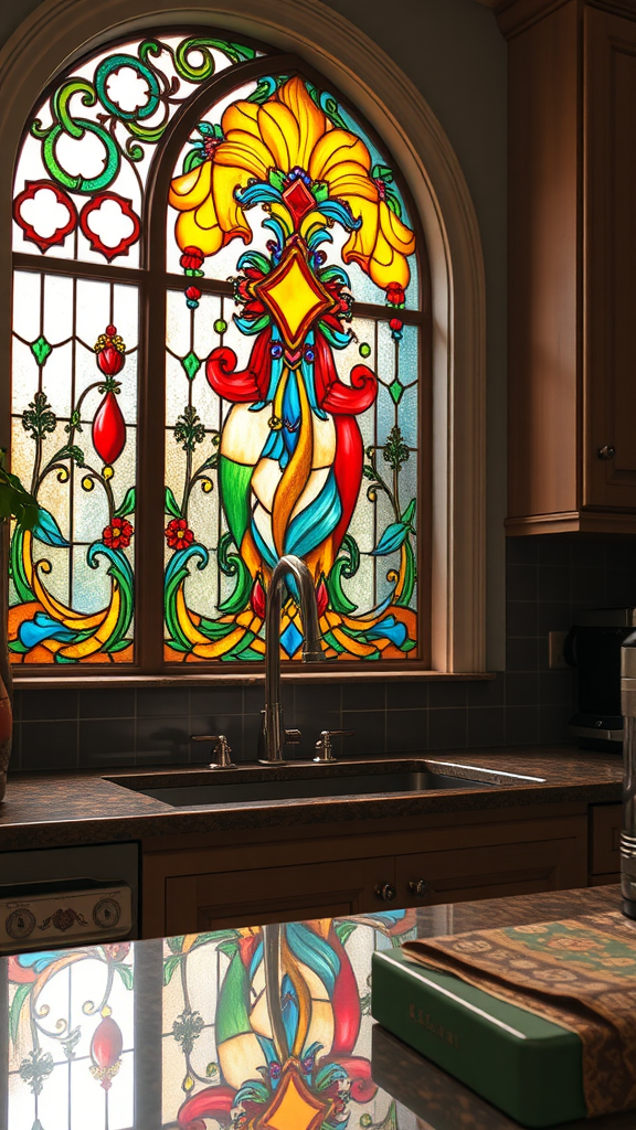 Vibrant stained glass window in a kitchen with colorful designs