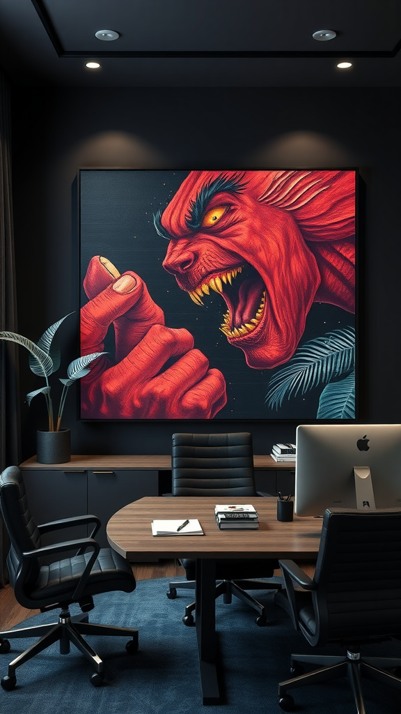 A striking red artwork depicting a fierce figure, set in a modern office space. Moody Office Ideas