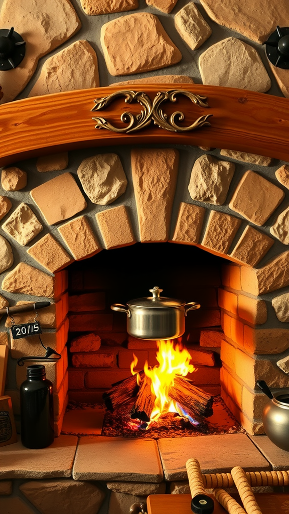 Stone fireplace cooking area with a pot over the fire and a warm atmosphere
