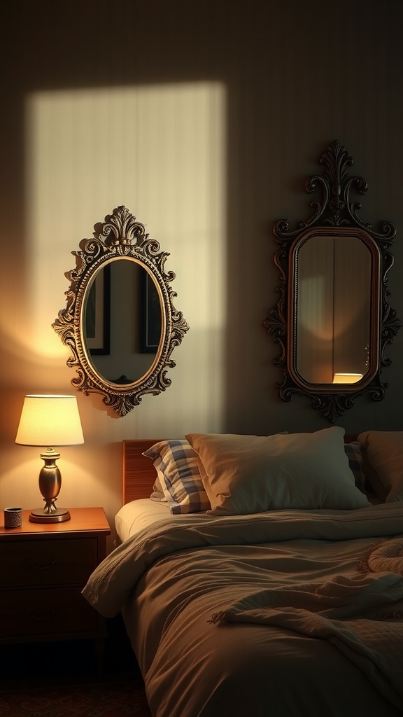 A moody bedroom featuring two ornate mirrors, soft lighting from a lamp, and a neatly made bed.