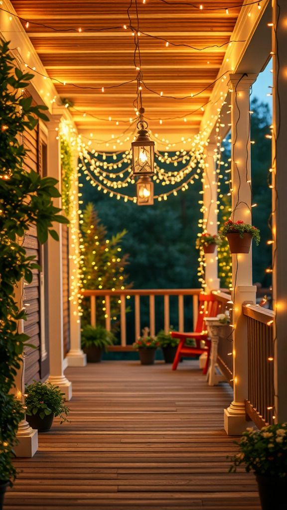 A beautifully decorated porch with string lights and lanterns, creating a cozy atmosphere.