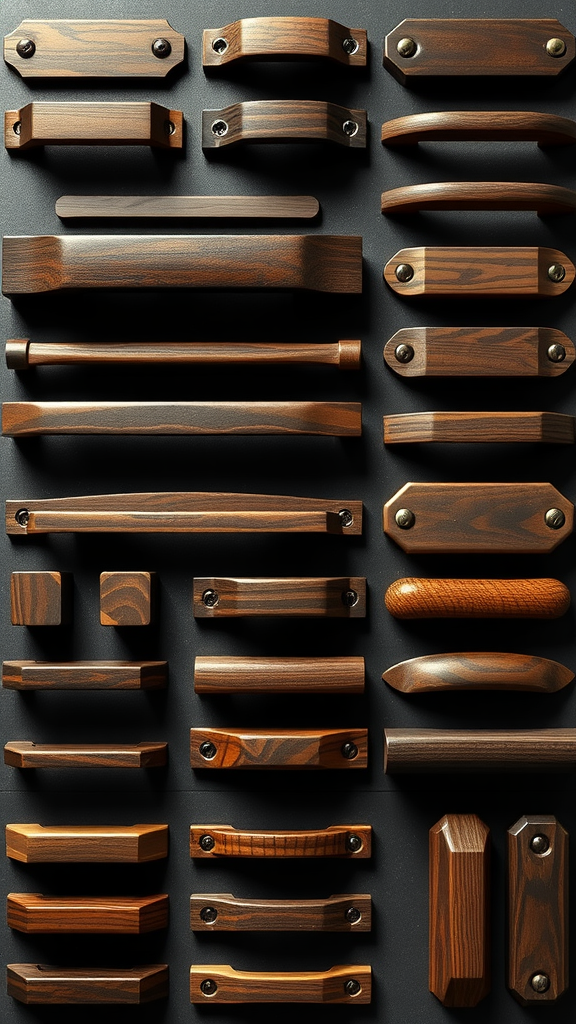 An assortment of dark wood kitchen handles in various shapes and sizes.