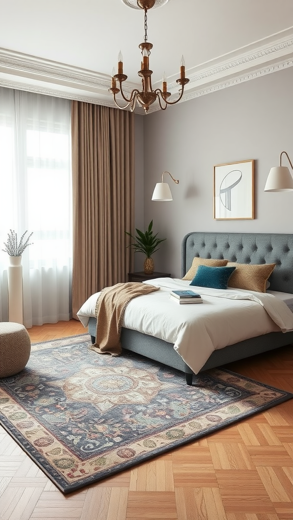Stylish bedroom with a patterned area rug, bed, and elegant decor.