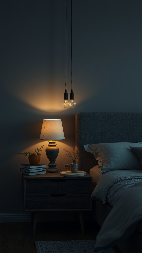 Stylish bedside table in a moody bedroom with warm lighting.