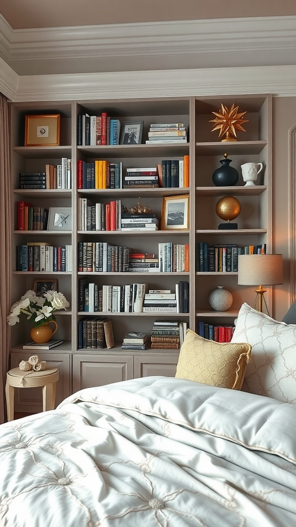 A stylish bookshelf filled with books and decorative items in a classy bedroom setting.