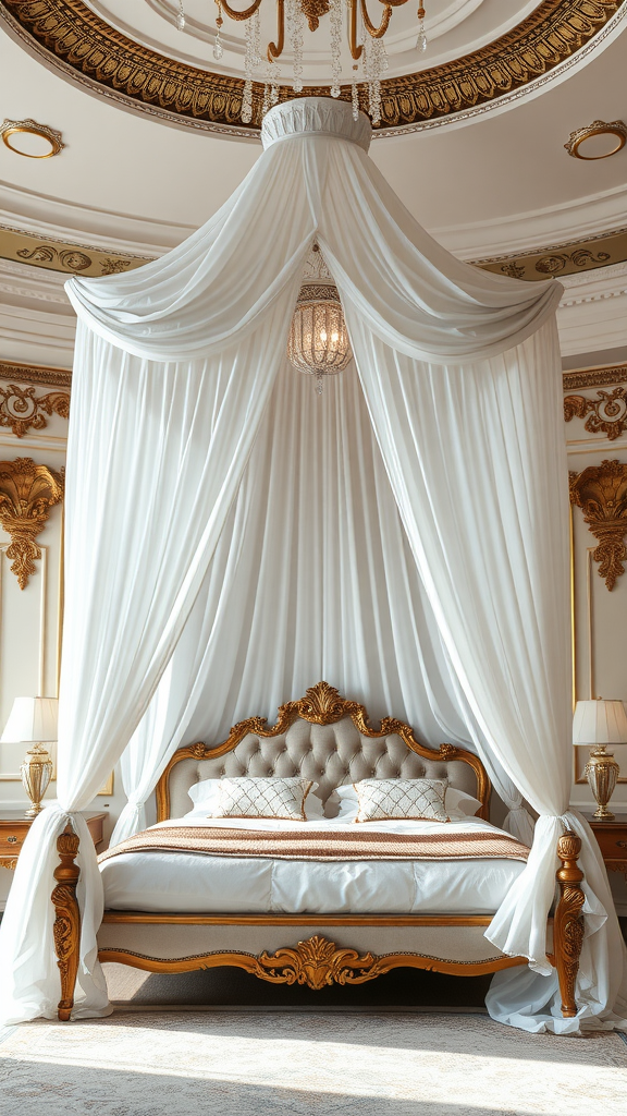 A luxurious canopy bed with white drapes and ornate details