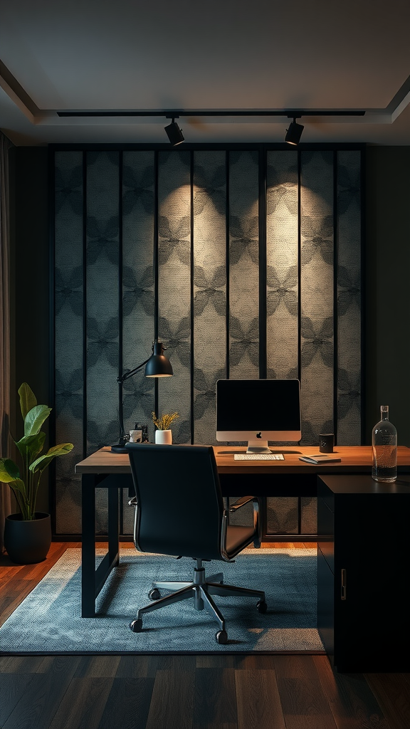 A stylish and modern office with a textured room divider, desk, and a plant.