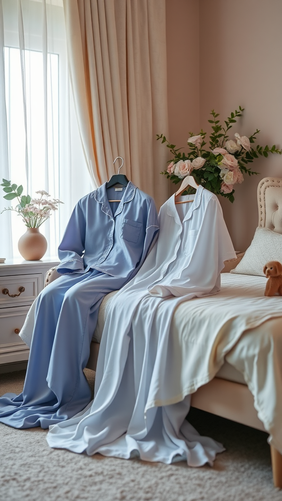 Stylish blue and white sleepwear on hangers beside a bed decorated with flowers and a teddy bear.