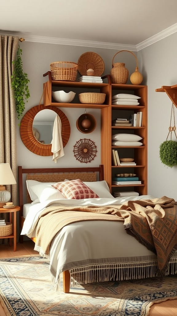 A cozy western boho bedroom featuring a wooden storage shelf with woven baskets, a neatly made bed with patterned pillows, and decorative elements like mirrors and plants.